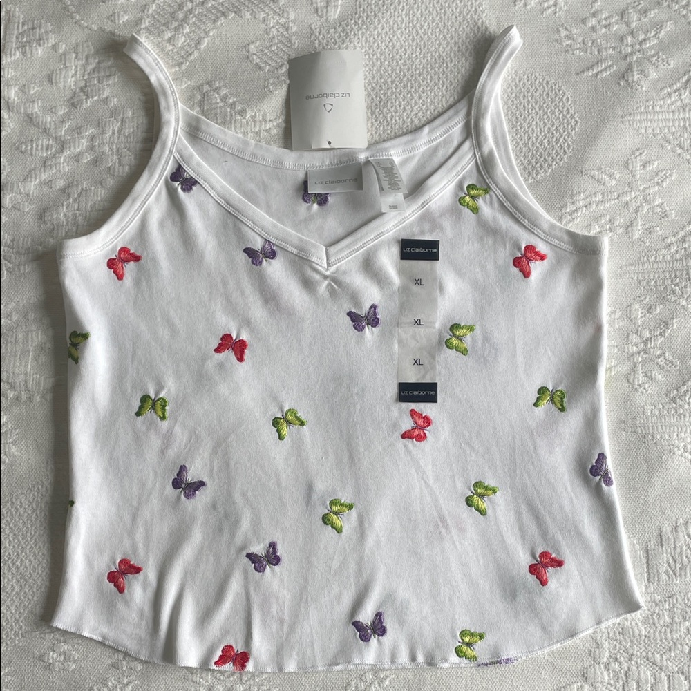 Liz Claiborne XL White Tank Top with Red, Purple & Green Butterfly Embroidery